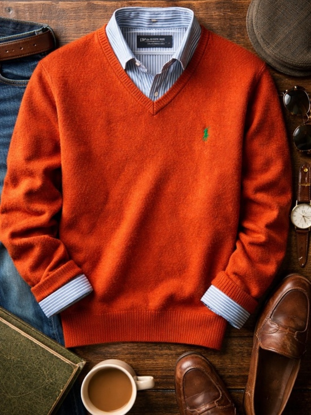Polo by Ralph Lauren V-Neck Sweater - Rust Orange with Green Pony